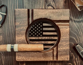 Personalized Wood Cigar Ashtray with Last Name, Father's Day Gift for Him, Custom Established Year American Flag