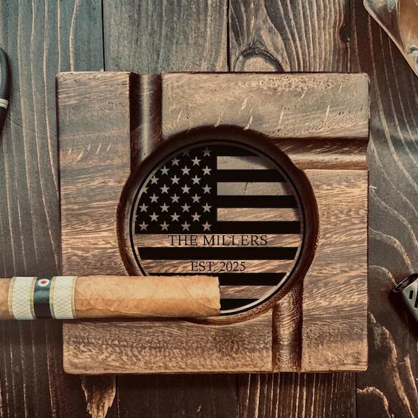 Personalized Wood Cigar Ashtray with Last Name, Father's Day Gift for Him, Custom Established Year American Flag