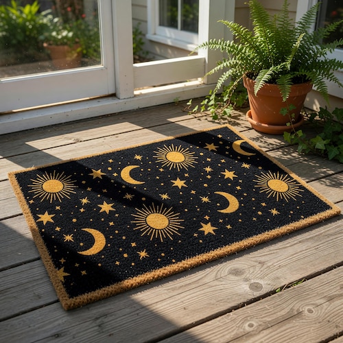 Celestial Doormat, Welcome Mat For Front Door, Coir Housewarming Gift, New Home Decor, Sun And Moon Porch Rug, Mystical Entryway Mat