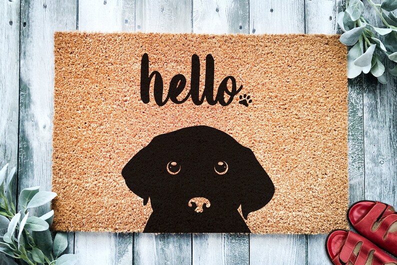 Black Labrador Hello Cute Lab Dog Peeking Doormat Etsy