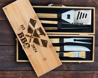 Personalized BBQ Grill Tool Set with Bamboo Case, Custom Established Year Grilling Accessories for Dad