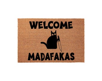 Welcome Madafakas Doormat, Cat Holding Knife, Front Porch Mat