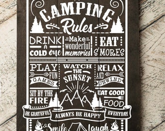 Camping Rules | 16.5" x23" Funny Pallet Sign Home Decor Gift | Funny Camping Camper RV Sign | Rustic Sign Decor | Camper Sign