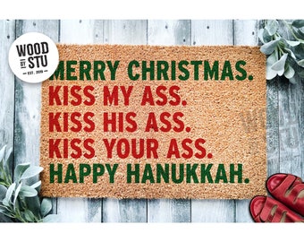 Doormat Merry Christmas Kiss My Ass Happy Hanukkah Christmas  | Funny Christmas Doormat | Christmas Holiday Gift | Welcome Mat 1586**