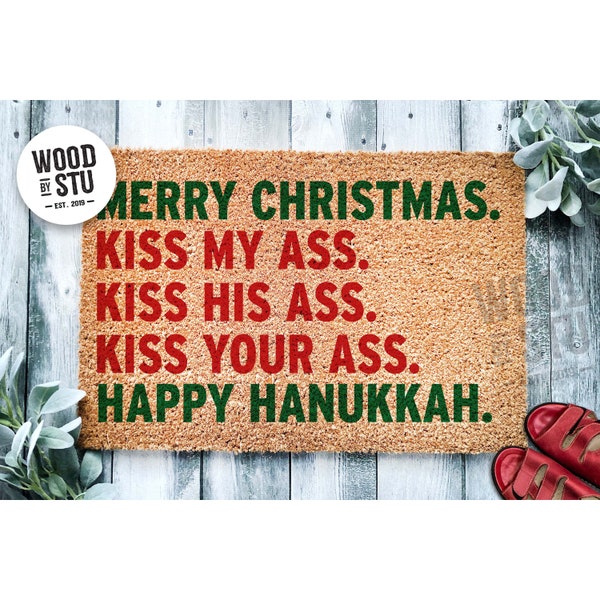 Doormat Merry Christmas Kiss My Ass Happy Hanukkah Christmas  | Funny Christmas Doormat | Christmas Holiday Gift | Welcome Mat 1586**