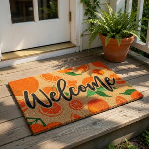 Orange Welcome Doormat, Coir Door Mat, Housewarming Gift, Citrus Front Door Rug, Outdoor Mat, Botanical Entryway Decor, Summer