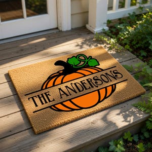 Personalized Fall Doormat, Custom Family Name Welcome Mat, Pumpkin Door Mat, Autumn Porch Decor, Housewarming Gift, Entryway Rug