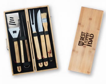 Best Flippin Dad BBQ Grill Tool Set, Personalized Wood Case for Father's Day Birthday Gift
