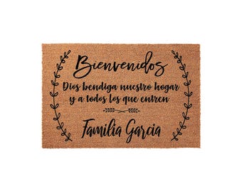 Personalized Spanish Doormat, Custom Bienvenidos Welcome Mat, Housewarming Gift, Family Name Door Mat, Coir Entryway Decor Rug