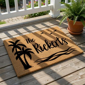 Personalized Family Name Doormat, Custom Tropical Palm Tree Welcome Mat, Housewarming Gift, New Home Entry Rug, Beach House Decor