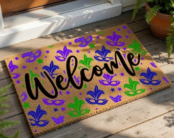Mardi Gras Doormat, Fleur De Lis Welcome Mat, Nola Doormat, Louisiana Mardi Gras Gift, Coir Door Mat, Festive Entryway Decor