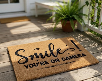 Funny Doormat, Smile You Are On Camera Welcome Mat, Housewarming Gift, New Home Gift, Front Door Mat, Funny Closing Present