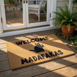 Funny Cat Doormat, Welcome Madafakas Sarcastic Door Mat, Black Cat Lover Gift, Pet Owner Housewarming Present, Quirky Entryway Rug