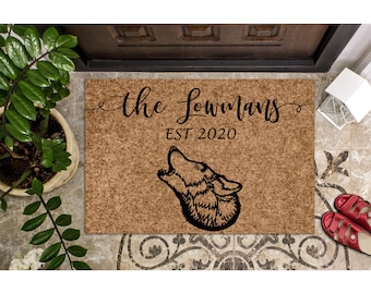 Custom Doormat Howling Wolf Personalized Gift Doormat Personalized Welcome Mat | Housewarming Gift | Last Name Doormat | Closing Gift 1198