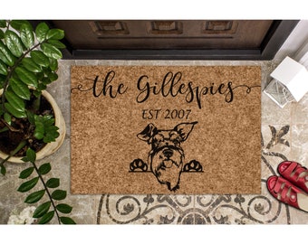 Custom Doormat Schnauzer Personalized Gift Cute Doormat Welcome Mat | Housewarming Gift | Closing Gift | Last Name Door Mat 1194