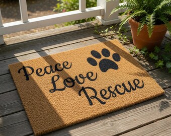 Peace Love Rescue Doormat, Dog Mom Gift, Welcome Mat, Pet Adoption Gift, Rescue Owner Present, New Home Funny Door Mats, Doormats