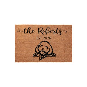 Personalized Last Name Welcome Mat, Coir Doormat for Housewarming, Goldendoodle Dog Pet Gift