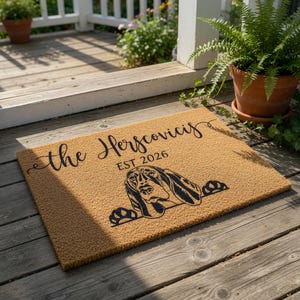 Personalized Basset Hound Doormat, Custom Doormat, Housewarming Gift, Wedding Gift, Welcome Mat, Funny Doormats, New Home image 1