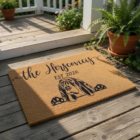 Personalized Basset Hound Doormat, Custom Doormat, Housewarming Gift, Wedding Gift, Welcome Mat, Funny Doormats, New Home