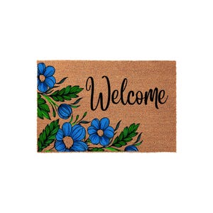 Floral Welcome Doormat, Coir Welcome Mat, Blue Flower Door Mat, Housewarming Gift, New Home Gift, Closing For Her, Doormats