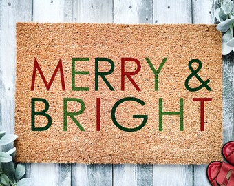 Merry & Bright Christmas Colorful Doormat | Christmas Doormat | Welcome Door Mat | Holiday Doormat | Winter Decor | Christmas Gift