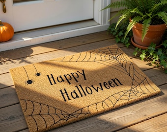Halloween Doormat, Happy Halloween Welcome Mat, Spiderweb Fall Door Mat, Spooky Porch Decor, Funny Autumn Housewarming Gift