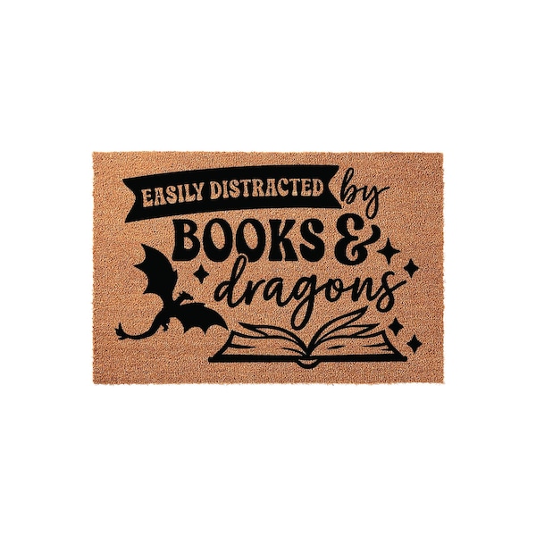 Easily Distracted By Books And Dragons Doormat, Front Porch Welcome Mat