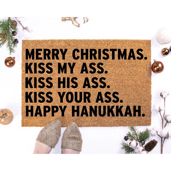 Doormat Merry Christmas Kiss My Ass Happy Hanukkah Christmas  | Funny Christmas Doormat | Christmas Holiday Gift | Welcome Mat 1822**