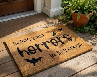 Funny Halloween Doormat, There's Some Horrors In This House Welcome Mat, Halloween Gift, Spooky Front Door Rug, Fall Porch Decor