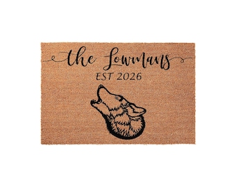 Personalized Last Name Welcome Mat, Coir Doormat for Wedding Anniversary, Wolf Established Year Gift