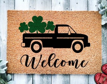 Welcome Antique Truck Shamrock Doormat |  St. Patrick's Day Housewarming Gift | Farmhouse Doormat | Welcome Doormat | Front Door Mat