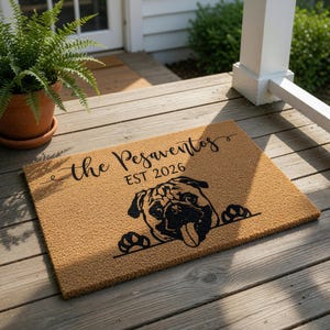 Personalized Pug Doormat, Custom Family Name Welcome Mat, New Home Gift, Dog Lover Gift, Funny Door Mat, Housewarming Present Rug