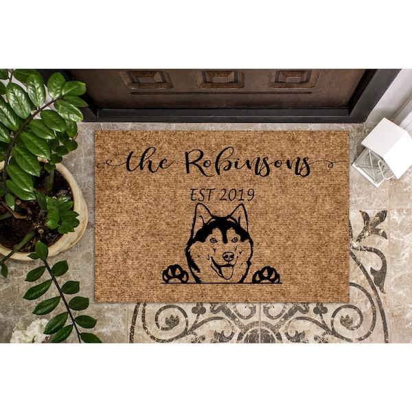 Custom Doormat Siberian Husky Dog | Puppy | Personalized Doormat Cute Welcome Mat | Housewarming Gift | Closing Gift Last Name Door Mat 1177
