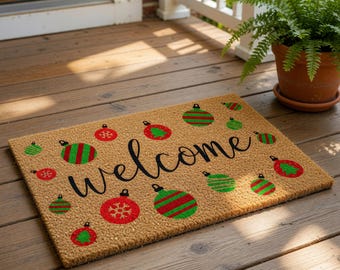 Christmas Welcome Doormat, Holiday Coir Door Mat, Festive Ornament Entry Rug, Front Porch Decor, Winter Home Housewarming Gift