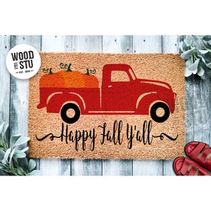 Doormat Happy Fall Y'all Pumpkin Antique Pickup Truck | Fall Doormat | Welcome Mat Fall Door Mat Fall Autumn Decor Gift Home Doormat 1516**