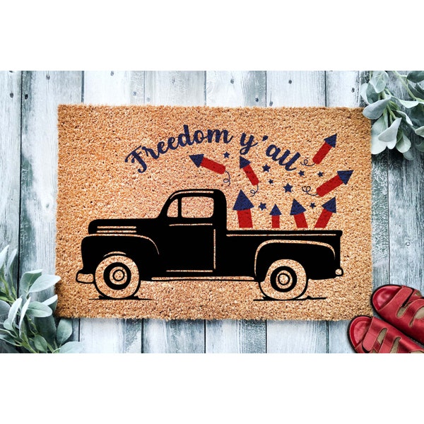 Doormat Freedom Yall Vintage Truck Fireworks | 4th of July | Independence Day | Housewarming Gift | Welcome Doormat | Fourth of July 1712**