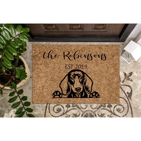 Custom Doormat Dachshund Wiener Dog | Personalized Doormat Cute Welcome Mat | Housewarming Gift | Closing Gift Last Name Door Mat Puppy 1183