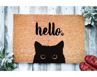 Doormat Black Cat Bombay Hello | Cute Cat Peeking  | Welcome Mat | Funny Door Mat | Funny Gift Home Doormat Housewarming Closing Gift 1415**