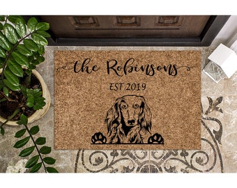 Custom Doormat Long Haired Dachshund Personalized Gift Cute Welcome Mat | Housewarming Gift | Closing Gift | Last Name Door Mat | Puppy 1195