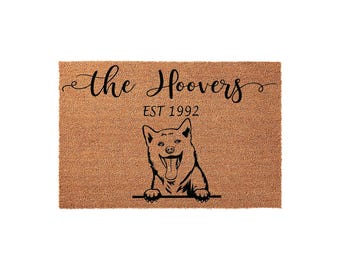 Personalized Shiba Inu Welcome Mat, Coir Doormat for Housewarming New Home, Last Name Established