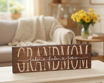 Personalized Grandma Wood Sign with Grandkids Names, Mother's Day Birthday Gift for Grandmother
