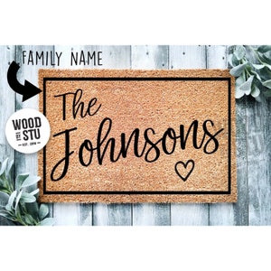 Custom Doormat Heartful Housewarming Gift Wedding Gift Personalized Gift Closing Gift Welcome Mat Last Name Monogram Engagement Rug 1007 image 1