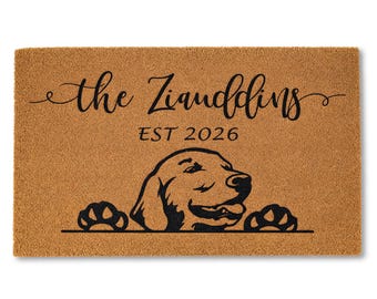 Personalized Dog Doormat, Custom Golden Retriever Welcome Mat, Housewarming Gift, Pet Lover Rug, Family Name Door Mat, Dog Mom