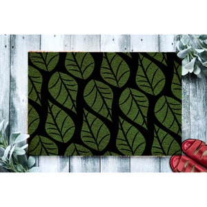 Doormat Green and Black Leaves Pattern | Houseplant Leaf Doormat | Plant Mom Welcome Mat | Housewarming Gift Plant Mom Gift New Home 1878**