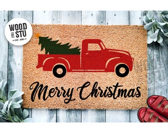 Doormat Merry Christmas Tree Antique Pickup Truck | Christmas Doormat | Welcome Mat | Holiday Doormat | Winter Decor  Christmas Gift 1515**