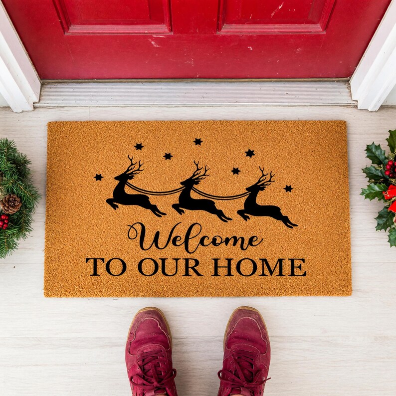 Welcome To Our Home Doormat Reindeer Stars Christmas 1528
