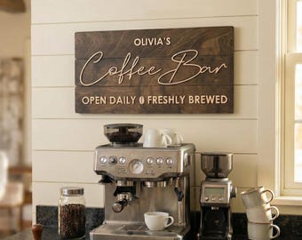 Personalized Coffee Bar Sign, Custom Name Wood Kitchen for Birthday, Anniversary Gift