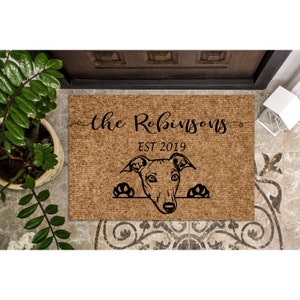 Custom Doormat Greyhound Dog | Personalized Doormat | Welcome Mat | Housewarming Gift | Closing Gift | Last Name Door Mat Grey Hound 1166