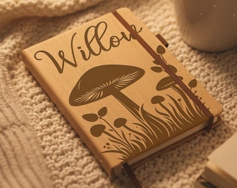 Personalized Mushroom Journal with Custom Name, Wood Notebook for Writing, Botanical Nature Sketchbook