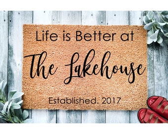 Custom Doormat Lakehouse Personalized Gift Housewarming Gift Closing Gift Welcome Mat Front Door Mat Lake decor Last Name Established 1045